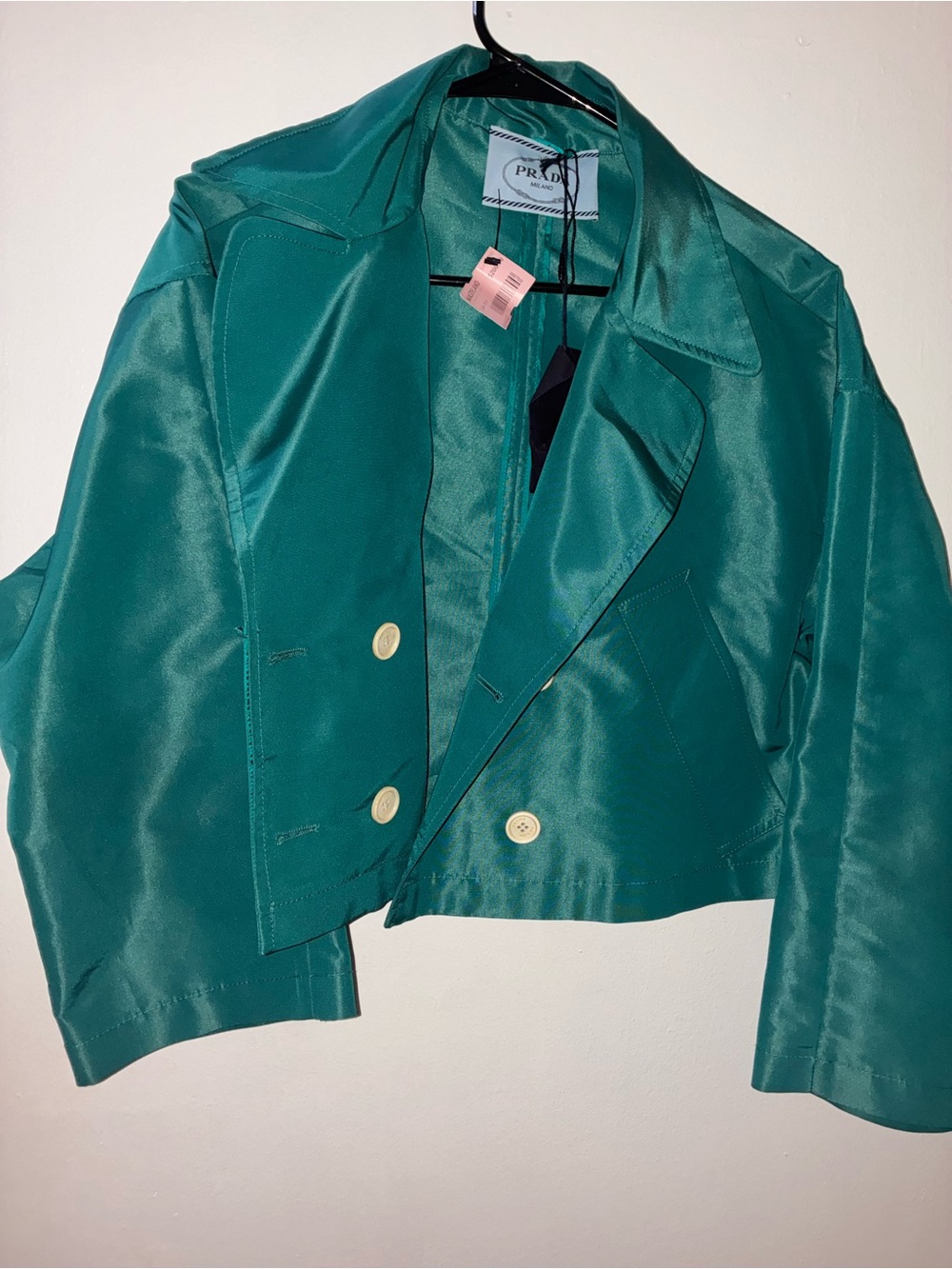 Prada Teal Satin Cropped Double-Breasted Jacket